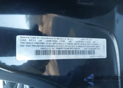 2012 Volkswagen Jetta 2.5L Se from USA, damaged, VIN 3VWDP7AJ8CM310876